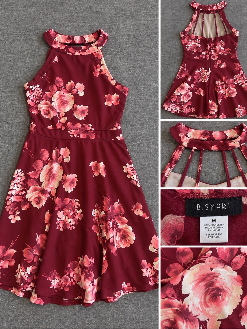 B. Smart Burgundy Floral Halter Neck Dress
